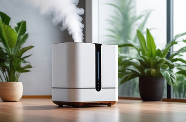 A white indoor humidifier against a background of deciduous plants.