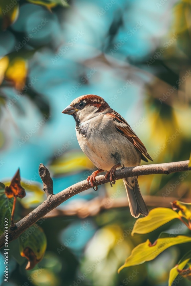 Poster a small bird is perched on a branch of a tree, surrounded by leaves and maybe some berries or fruits