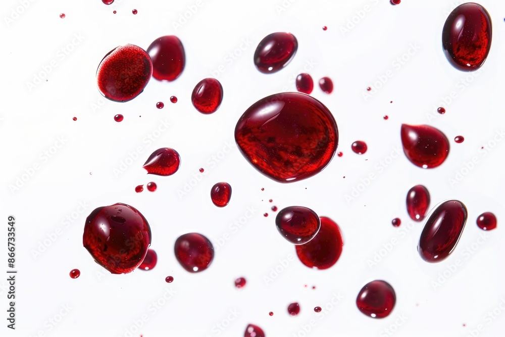 Poster a close-up shot of a cluster of blood drops on a white surface, with no surrounding context