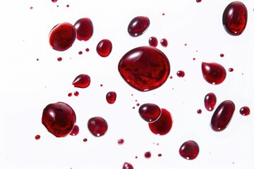 A close-up shot of a cluster of blood drops on a white surface, with no surrounding context