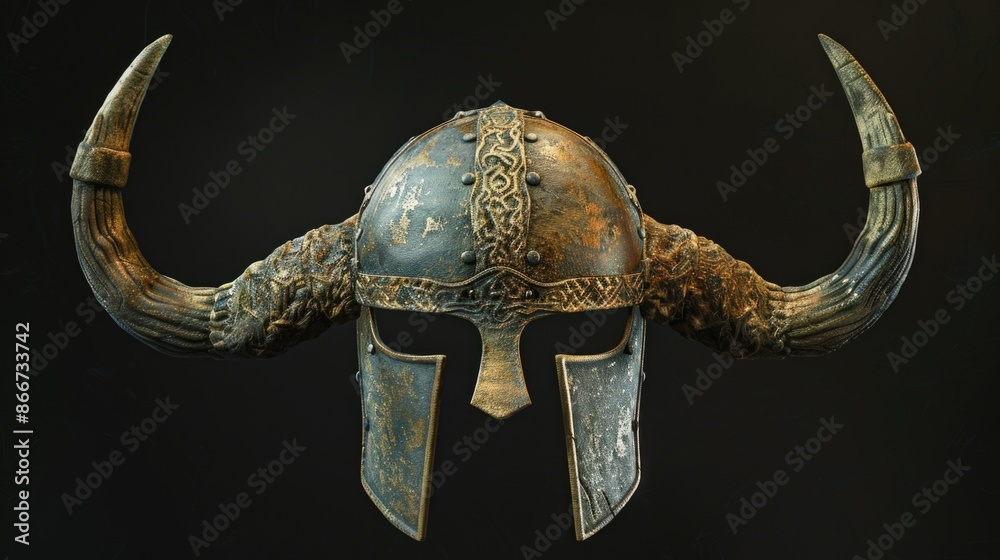 Poster Close-up view of a helmet with horns on a dark background, suitable for fantasy or mythology-themed projects