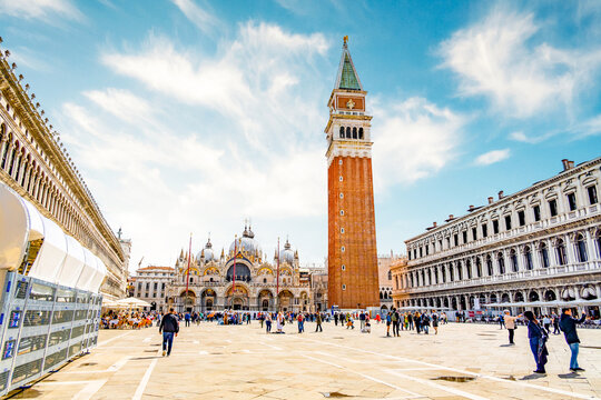 Grand Canal at day in Venice city in italy. St. Mark's Basilica above the San Marco square