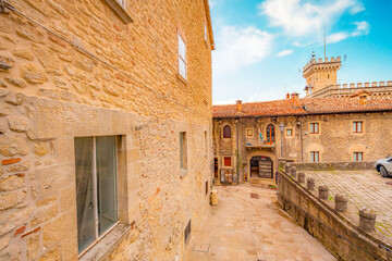 San Marino city view. Fortress on the rock. San Marino landmark. Italy. Narrow street in the old...