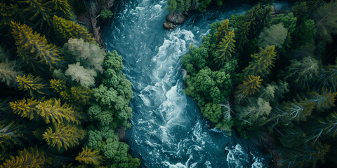 A drone eye view looking down on a river with rapids and falls winding its way through a forest