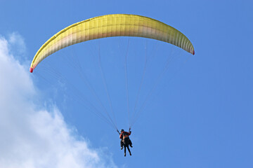 Tandem Paraglider flying in a blue sky