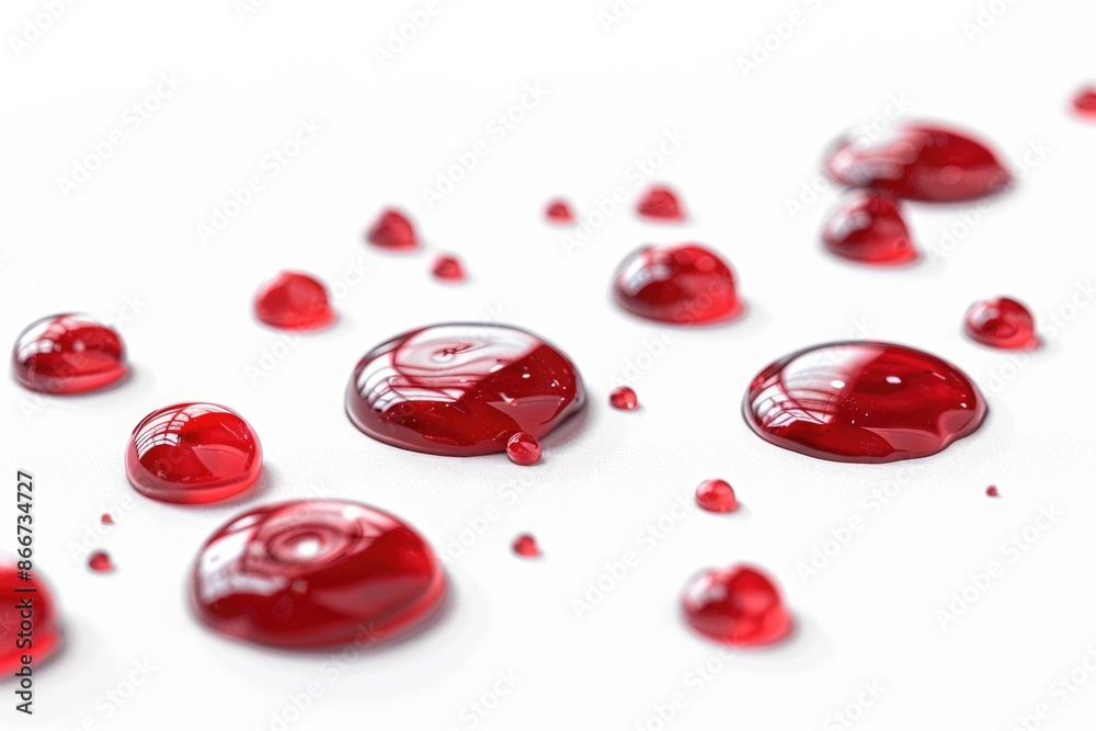 Aufkleber close-up photo of a cluster of red water drops on a white background, suitable for use in science or