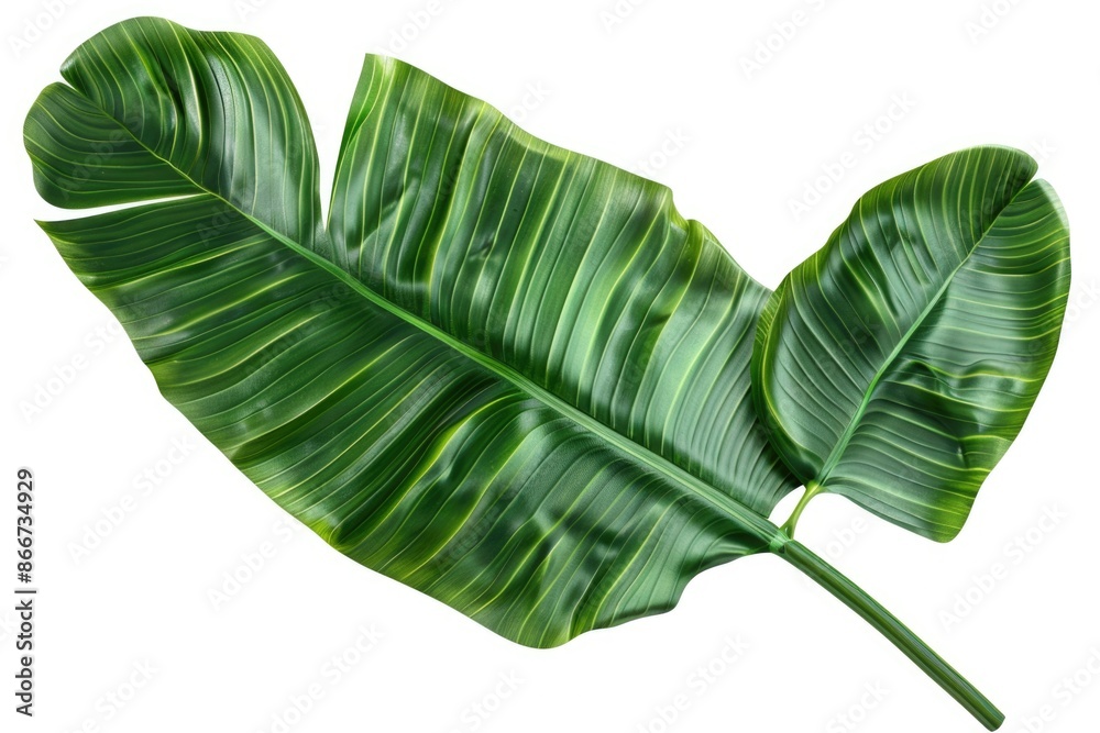 Poster a close-up view of a single green leaf sitting on a white background, perfect for illustrating natur