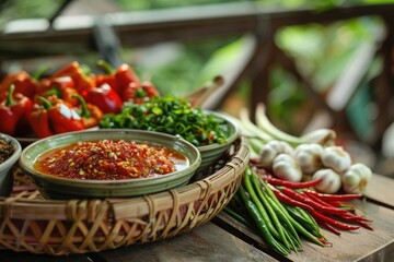 Fototapeta premium A rustic wooden table set with various bowls of food, perfect for a casual dining or outdoor gathering