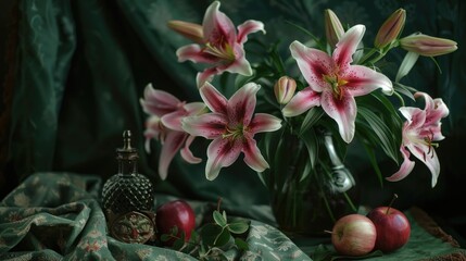 A still life composition featuring a vase with pink flowers alongside a bowl of apples