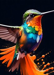 Vibrant Hummingbird in Mid-Flight with Colorful Splash Background