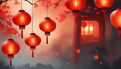 Red Chinese Lanterns Hanging in a Misty Traditional Setting