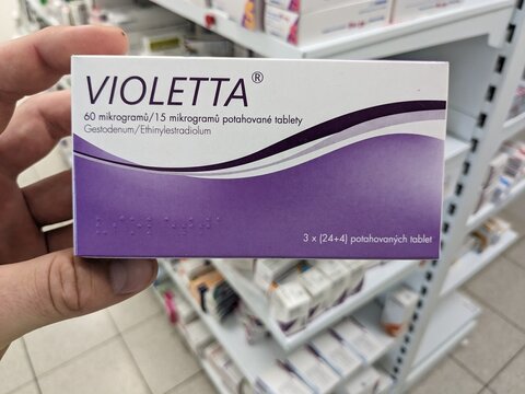 Prague, Czech Republic - July 10 2024: VIOLETTA box of medication with ESTRADIOL active substance by ZENTIVA, used for hormone replacement therapy and menopause symptom relief.