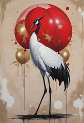 Graceful Red-Crowned Crane with Vibrant Red and Gold Balloons on Artistic Background