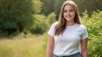 Plus size teenage girl wearing white t-shirt and grey jeans standing in nature