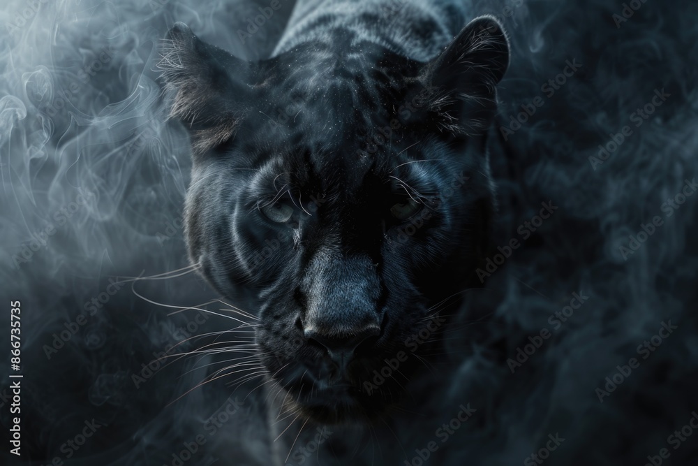 Wall mural Close-up shot of a black leopard surrounded by smoke