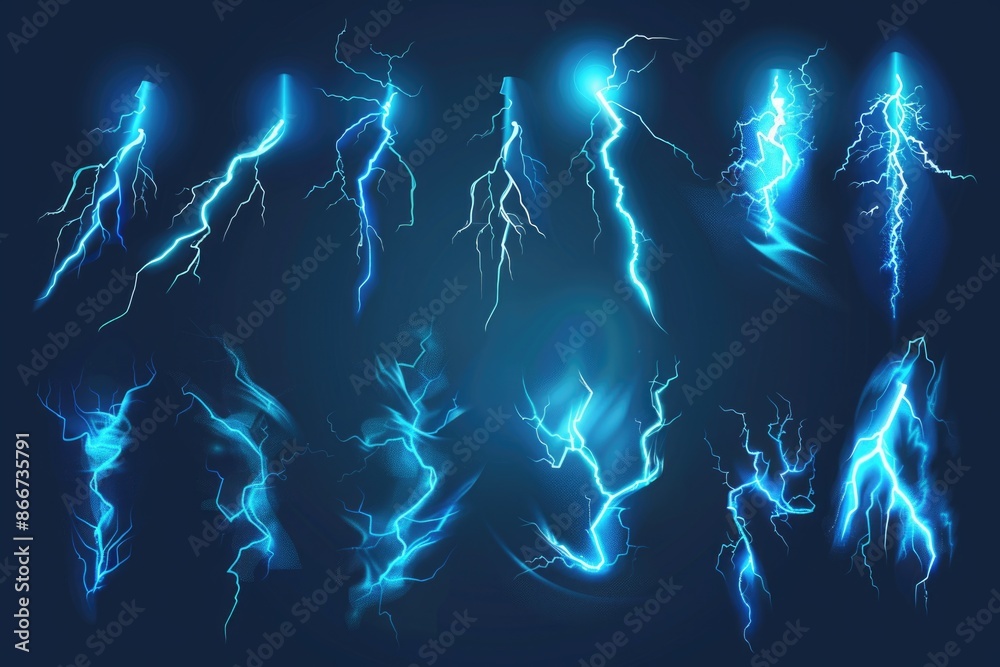 Poster A close-up image of a set of lightning effects on a dark blue background, perfect for use in science and technology projects