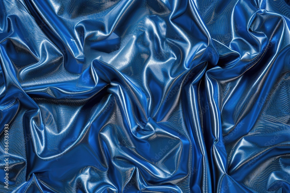 Poster high-quality image of a shiny blue fabric in close-up, suitable for use in fashion or textile applic