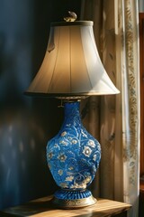 A blue lamp sits on top of a wooden table, providing soft lighting