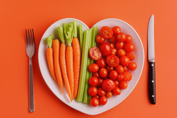 Healthy heart-shaped arrangement of fresh vegetables on a plate with cutlery.