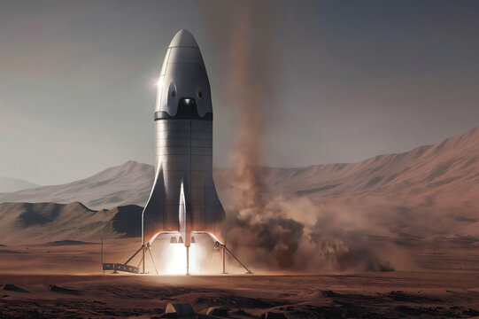 Reusable spacecraft landing on a Martian base as scientists and engineers watch from below