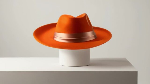 a vibrant, orange fedora hat with a wide brim, a stylish, indented crown. 