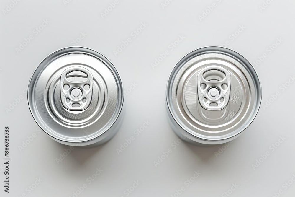 Poster two empty cans of soda placed on a clean white surface