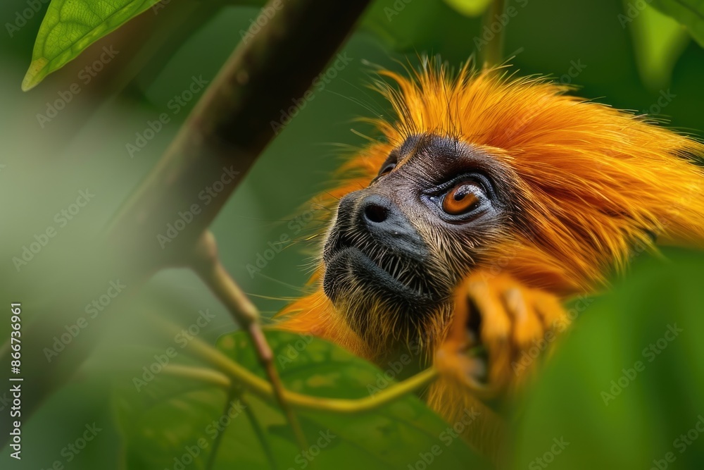 Poster close-up photo of a monkey sitting on a tree branch