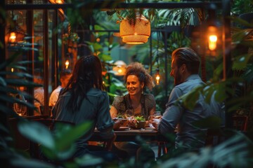 Naklejka premium Enjoy an evening at an outdoor restaurant with friends, dinner amidst fairy lights, greenery, and cozy atmosphere