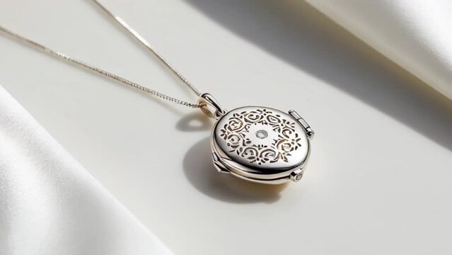 a delicate, silver locket necklace with a subtle, filigree design. 