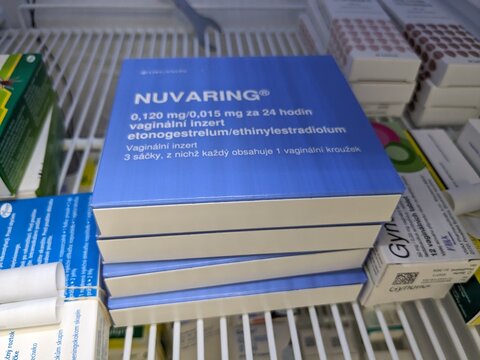 Prague, Czech Republic - June 28, 2024: NUVARING box of contraception with ethinyl estradiol and etonogestrel active substances by Merck, used for hormonal birth control and pregnancy prevention