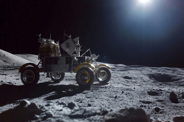 South Korean lunar rover exploring the surface of the moon, with the sun shining brightly in the background