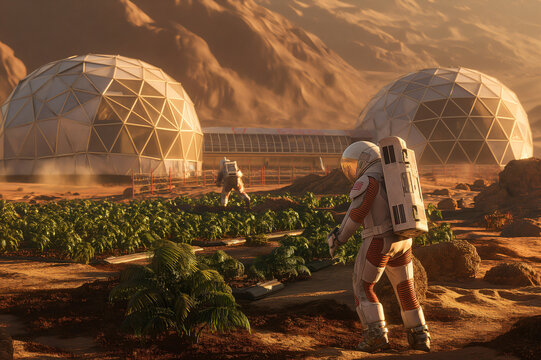 Astronauts are working on a farm growing crops on the surface of mars near futuristic geodesic dome buildings