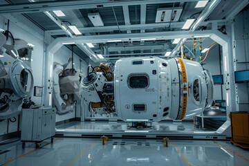 Modern, high tech, futuristic spacecraft manufacturing facility assembling a spacecraft