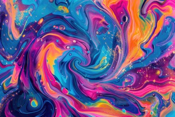 A vibrant and abstract design featuring swirling shapes in bright colors against a calming blue backdrop