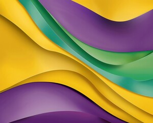 3D bright abstract banner on the theme of Mardi Gras. Smooth soft textile waves of yellow, green and purple colors. Mardi Gras Festive Background. Copy space