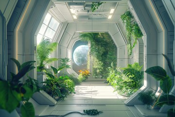 Bright, futuristic spacecraft interior with a lush vertical garden and a large window offering a breathtaking view of earth
