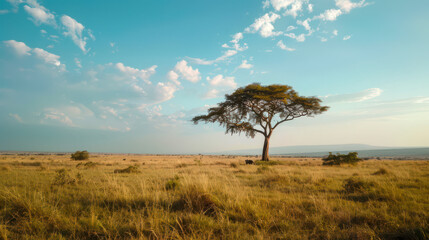 A lonely tree in the middle of an empty safari on a warm, sunny, cloudless day