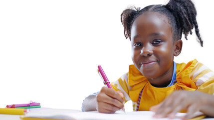 Cheerful little black African primary school student studying and taking notes on a white background