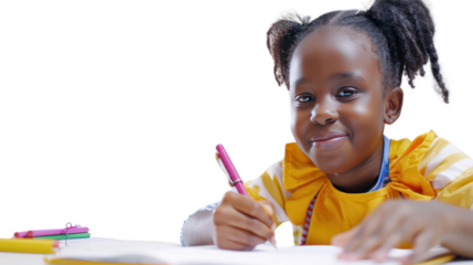 Cheerful little black African primary school student studying and taking notes on a white background