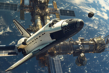 Space shuttle is docking to the international space station, while orbiting a blue earth