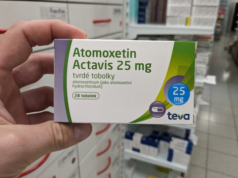 Prague, Czech Republic - July 10 2024: ATOMOXETIN ACTAVIS box of medication with ATOMOXETINE active substance by ACTAVIS, used for treatment of ADHD.