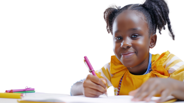 Cheerful little black African primary school student studying and taking notes on a white background - Powered by Adobe