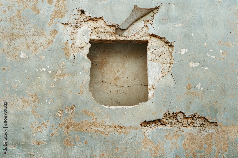 Poster A section of a building wall showing worn out paint and a gap, ideal for use as a background or to depict damage