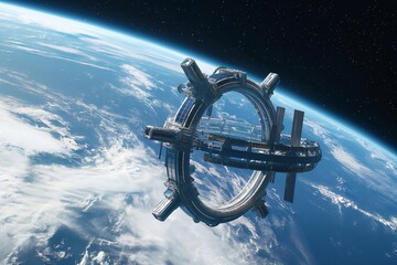 Futuristic space station with a rotating habitat ring is orbiting planet earth