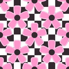 Y2K flowers checkered seamless pattern. Geometric floral multicolor retro background.