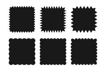Square silhouette shapes with scallop and zigzag edges. Geometric squared wavy frames set.