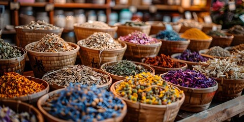 Fototapeta premium Selective focus on market display of dried flowers herbs infusions and decoctions. Concept Market Display, Dried Flowers, Herbs, Infusions, Decoctions