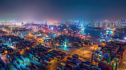 High-angle night view of a port with containers and vibrant lights, global trade at night