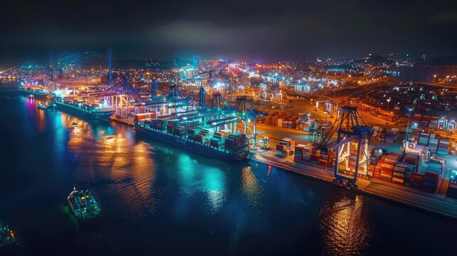 Nighttime aerial shot of a container port with vibrant lights, maritime operations