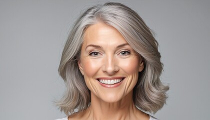 Fototapeta premium Elegant Caucasian lady with a natural and stylish beauty, smiling happily at the camera in her 40s